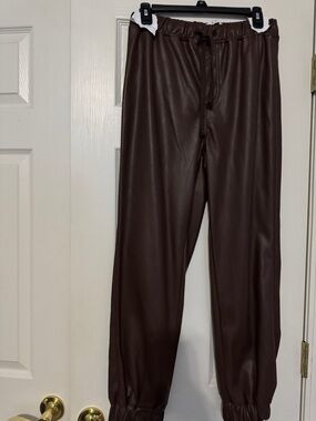 Tinseltown Brown Faux Leather Jogger Trousers